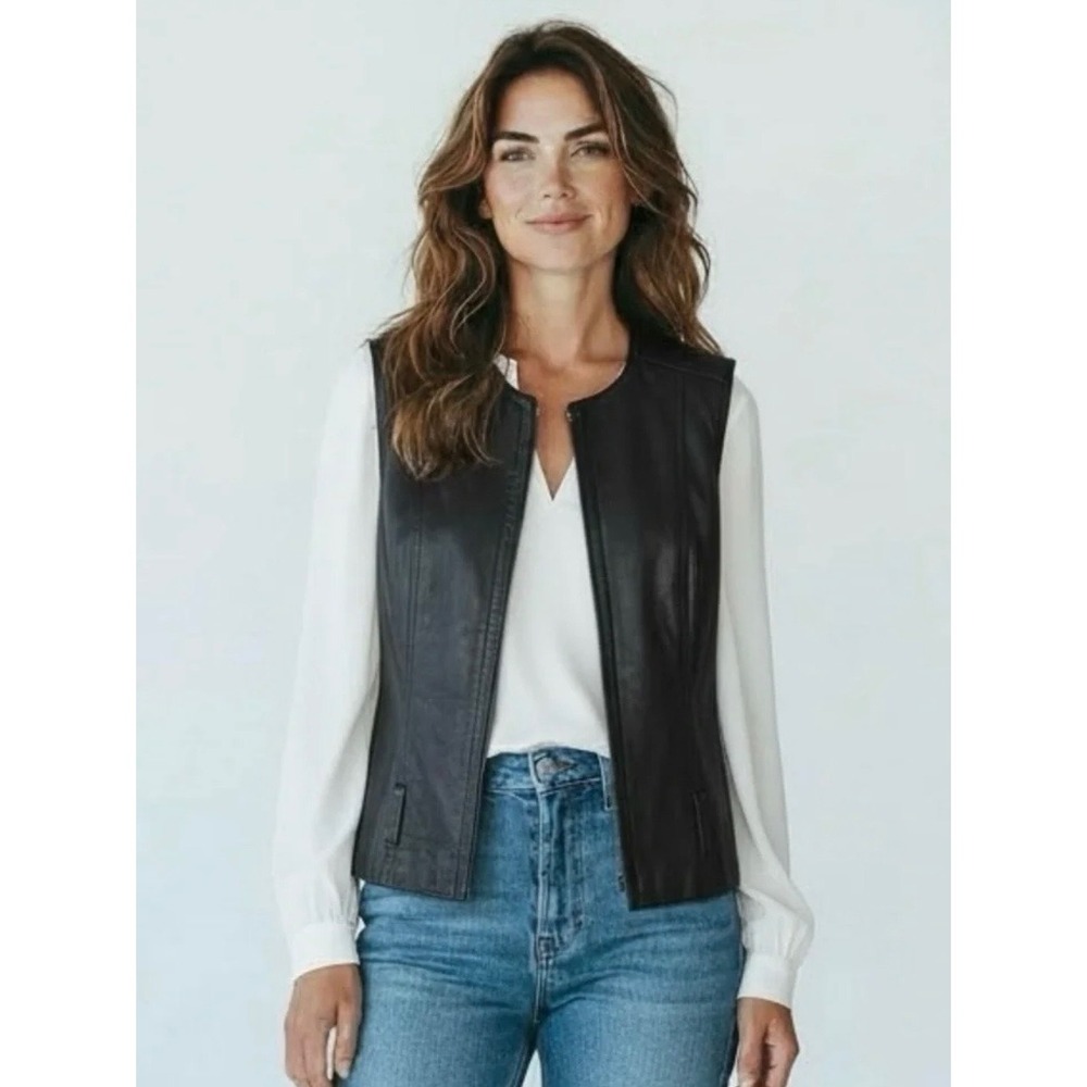 Bella Pelle Womens Black Genuine Leather Zip Front Vest Made in USA Size L